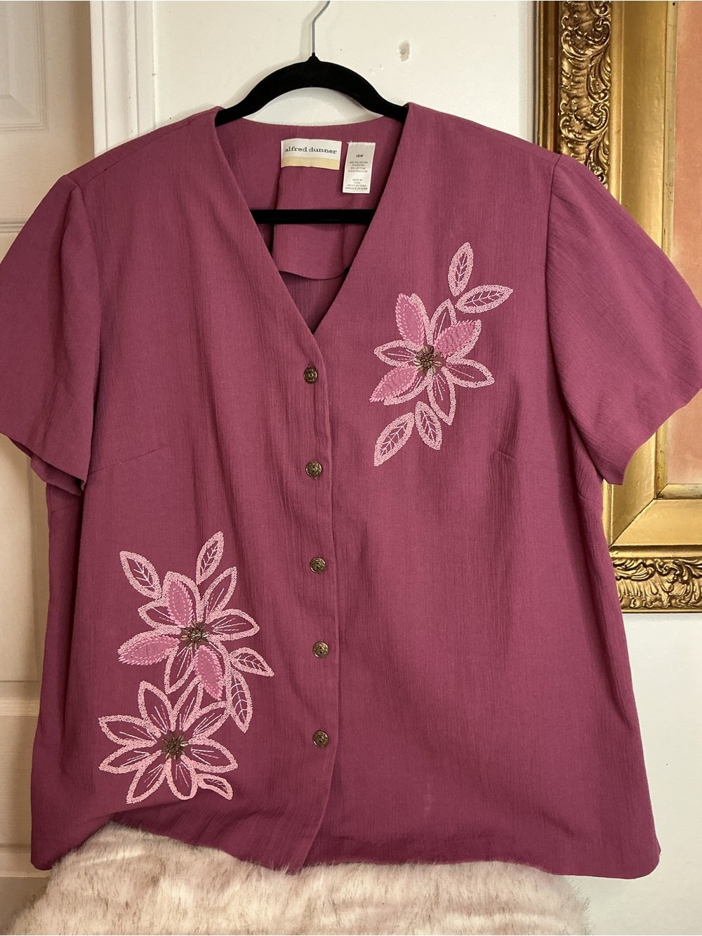 Alfred Dunner Mauve-Pink Floral Embroidered Button Front Blouse
